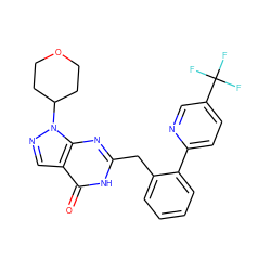 O=c1[nH]c(Cc2ccccc2-c2ccc(C(F)(F)F)cn2)nc2c1cnn2C1CCOCC1 ZINC000169699885