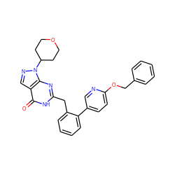 O=c1[nH]c(Cc2ccccc2-c2ccc(OCc3ccccc3)nc2)nc2c1cnn2C1CCOCC1 ZINC000169699873