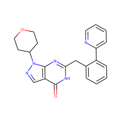 O=c1[nH]c(Cc2ccccc2-c2ccccn2)nc2c1cnn2C1CCOCC1 ZINC000169699883