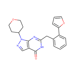 O=c1[nH]c(Cc2ccccc2-c2ccco2)nc2c1cnn2C1CCOCC1 ZINC000169699889