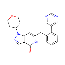 O=c1[nH]c(Cc2ccccc2-c2cncnc2)cc2c1cnn2C1CCOCC1 ZINC000148407682