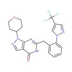 O=c1[nH]c(Cc2ccccc2-n2cc(C(F)(F)F)cn2)nc2c1cnn2C1CCOCC1 ZINC000169699893