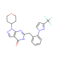 O=c1[nH]c(Cc2ccccc2-n2ccc(C(F)(F)F)n2)nc2c1cnn2C1CCOCC1 ZINC000169699894