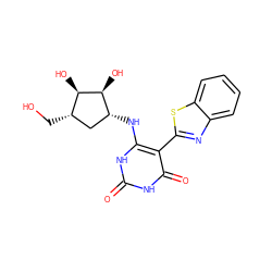 O=c1[nH]c(N[C@@H]2C[C@H](CO)[C@@H](O)[C@H]2O)c(-c2nc3ccccc3s2)c(=O)[nH]1 ZINC000473136912