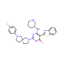 O=c1[nH]c(N2CC[C@@]3(CCN(c4ccc(Cl)cc4)C3)C2)nc(N[C@@H]2CCCNC2)c1-c1nc2ccccc2s1 ZINC001772643100