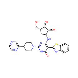 O=c1[nH]c(N2CCC(c3cnccn3)CC2)nc(N[C@@H]2C[C@H](CO)[C@@H](O)[C@H]2O)c1-c1nc2ccccc2s1 ZINC001772640923