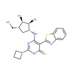 O=c1[nH]c(N2CCC2)nc(N[C@@H]2C[C@H](CO)[C@@H](O)[C@H]2O)c1-c1nc2ccccc2s1 ZINC000473117152