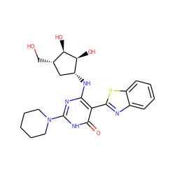 O=c1[nH]c(N2CCCCC2)nc(N[C@@H]2C[C@H](CO)[C@@H](O)[C@H]2O)c1-c1nc2ccccc2s1 ZINC000473114715