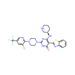 O=c1[nH]c(N2CCN(c3ncc(C(F)(F)F)cc3Cl)CC2)nc(N[C@@H]2CCCNC2)c1-c1nc2ccccc2s1 ZINC001772621474