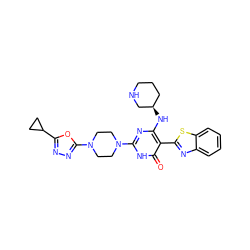 O=c1[nH]c(N2CCN(c3nnc(C4CC4)o3)CC2)nc(N[C@@H]2CCCNC2)c1-c1nc2ccccc2s1 ZINC001772619829