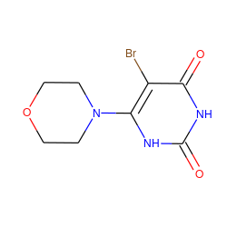 O=c1[nH]c(N2CCOCC2)c(Br)c(=O)[nH]1 ZINC000014972633