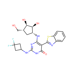 O=c1[nH]c(NC2CC(F)(F)C2)nc(N[C@@H]2C[C@H](CO)[C@@H](O)[C@H]2O)c1-c1nc2ccccc2s1 ZINC001772614458