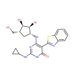 O=c1[nH]c(NC2CC2)nc(N[C@@H]2C[C@H](CO)[C@@H](O)[C@H]2O)c1-c1nc2ccccc2s1 ZINC000263620447