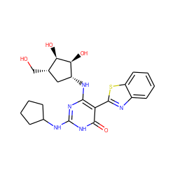 O=c1[nH]c(NC2CCCC2)nc(N[C@@H]2C[C@H](CO)[C@@H](O)[C@H]2O)c1-c1nc2ccccc2s1 ZINC001772592994