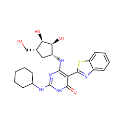 O=c1[nH]c(NC2CCCCC2)nc(N[C@@H]2C[C@H](CO)[C@@H](O)[C@H]2O)c1-c1nc2ccccc2s1 ZINC001772637137