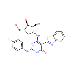 O=c1[nH]c(Nc2ccc(F)cc2)nc(N[C@@H]2C[C@H](CO)[C@@H](O)[C@H]2O)c1-c1nc2ccccc2s1 ZINC001772610875