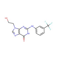 O=c1[nH]c(Nc2cccc(C(F)(F)F)c2)nc2c1ncn2CCO ZINC000013740079