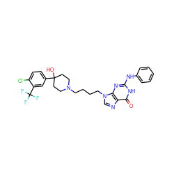 O=c1[nH]c(Nc2ccccc2)nc2c1ncn2CCCCN1CCC(O)(c2ccc(Cl)c(C(F)(F)F)c2)CC1 ZINC000014977337