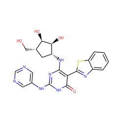 O=c1[nH]c(Nc2cncnc2)nc(N[C@@H]2C[C@H](CO)[C@@H](O)[C@H]2O)c1-c1nc2ccccc2s1 ZINC001772649352