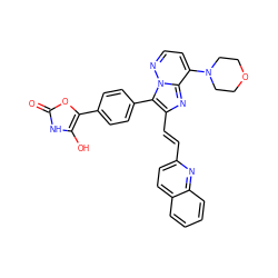 O=c1[nH]c(O)c(-c2ccc(-c3c(/C=C/c4ccc5ccccc5n4)nc4c(N5CCOCC5)ccnn34)cc2)o1 ZINC001772588380