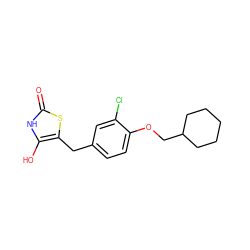 O=c1[nH]c(O)c(Cc2ccc(OCC3CCCCC3)c(Cl)c2)s1 ZINC000169700819