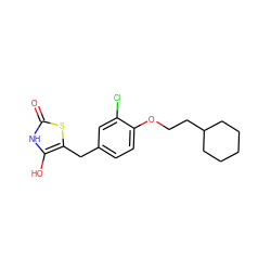 O=c1[nH]c(O)c(Cc2ccc(OCCC3CCCCC3)c(Cl)c2)s1 ZINC000169700821