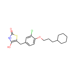 O=c1[nH]c(O)c(Cc2ccc(OCCCC3CCCCC3)c(Cl)c2)s1 ZINC000169700823