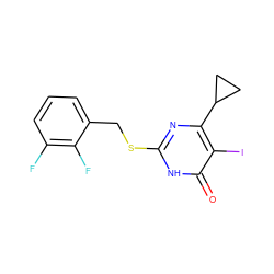 O=c1[nH]c(SCc2cccc(F)c2F)nc(C2CC2)c1I ZINC000299839210