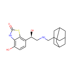 O=c1[nH]c2c(O)ccc([C@@H](O)CNCC34CC5CC(CC(C5)C3)C4)c2s1 ZINC000058583959