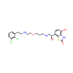 O=c1[nH]c2c(O)ccc([C@@H](O)CNCCCOCCNCCc3cccc(Cl)c3Cl)c2s1 ZINC000072176744