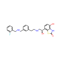 O=c1[nH]c2c(O)ccc([C@@H](O)CNCCc3cccc(CNCc4ccccc4F)c3)c2s1 ZINC000073197594