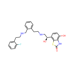 O=c1[nH]c2c(O)ccc([C@@H](O)CNCCc3ccccc3CNCCc3ccccc3F)c2s1 ZINC000073197494