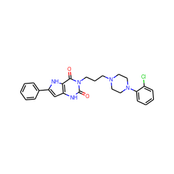 O=c1[nH]c2cc(-c3ccccc3)[nH]c2c(=O)n1CCCN1CCN(c2ccccc2Cl)CC1 ZINC000013641880