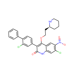 O=c1[nH]c2cc(Cl)c([N+](=O)[O-])cc2c(OCC[C@@H]2CCCCN2)c1-c1ccc(-c2ccccc2)c(Cl)c1 ZINC000029417352