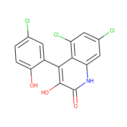 O=c1[nH]c2cc(Cl)cc(Cl)c2c(-c2cc(Cl)ccc2O)c1O ZINC000063539527