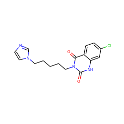 O=c1[nH]c2cc(Cl)ccc2c(=O)n1CCCCCn1ccnc1 ZINC000026377056