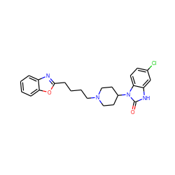 O=c1[nH]c2cc(Cl)ccc2n1C1CCN(CCCCc2nc3ccccc3o2)CC1 ZINC000653903379