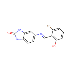 O=c1[nH]c2ccc(/N=C/c3c(O)cccc3Br)cc2[nH]1 ZINC000299821390