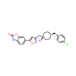 O=c1[nH]c2ccc(-c3cc(C[C@]4(O)CC[C@@H](Cc5ccc(Cl)cc5)CC4)no3)cc2o1 ZINC001772640611