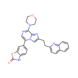 O=c1[nH]c2ccc(-c3cnc(N4CCOCC4)c4nc(CCc5ccc6ccccc6n5)cn34)cc2o1 ZINC000222025781