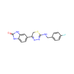 O=c1[nH]c2ccc(C3=NN=C(NCc4ccc(F)cc4)SC3)cc2[nH]1 ZINC000011125876