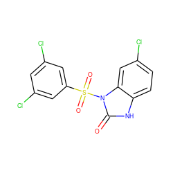 O=c1[nH]c2ccc(Cl)cc2n1S(=O)(=O)c1cc(Cl)cc(Cl)c1 ZINC000043072121