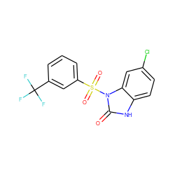 O=c1[nH]c2ccc(Cl)cc2n1S(=O)(=O)c1cccc(C(F)(F)F)c1 ZINC000045390181