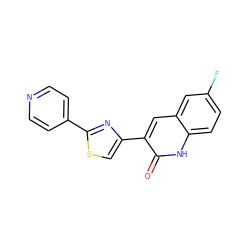 O=c1[nH]c2ccc(F)cc2cc1-c1csc(-c2ccncc2)n1 ZINC000014974717