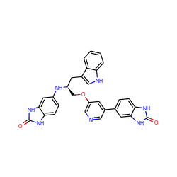 O=c1[nH]c2ccc(N[C@H](COc3cncc(-c4ccc5[nH]c(=O)[nH]c5c4)c3)Cc3c[nH]c4ccccc34)cc2[nH]1 ZINC000034803876