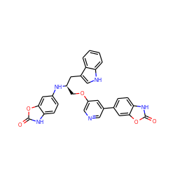 O=c1[nH]c2ccc(N[C@H](COc3cncc(-c4ccc5[nH]c(=O)oc5c4)c3)Cc3c[nH]c4ccccc34)cc2o1 ZINC000034803837