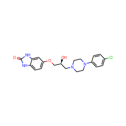 O=c1[nH]c2ccc(OC[C@@H](O)CN3CCN(c4ccc(Cl)cc4)CC3)cc2[nH]1 ZINC000141117394