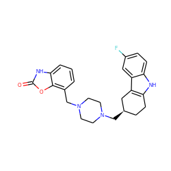 O=c1[nH]c2cccc(CN3CCN(C[C@@H]4CCc5[nH]c6ccc(F)cc6c5C4)CC3)c2o1 ZINC000045253067