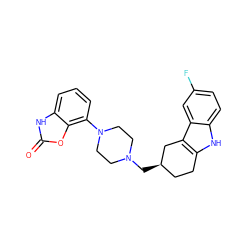 O=c1[nH]c2cccc(N3CCN(C[C@@H]4CCc5[nH]c6ccc(F)cc6c5C4)CC3)c2o1 ZINC000045255093