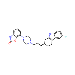 O=c1[nH]c2cccc(N3CCN(CCC[C@@H]4CCc5c([nH]c6ccc(F)cc56)C4)CC3)c2o1 ZINC000045261166